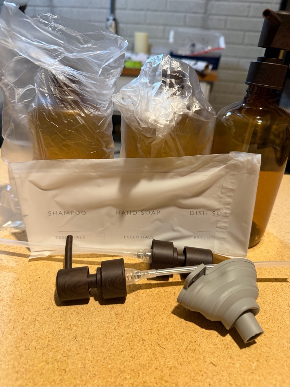 Amber Plastic Refillable Soap & Shampoo Bottles with Pumps
